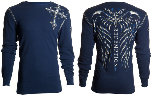 Archaic by Affliction Men's Thermal Shirt SPINE WINGS Navy