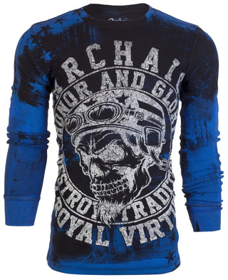 ARCHAIC Mens Long Sleeve DEATH RACER Crewneck THERMAL T-Shirt (Black/Blue)