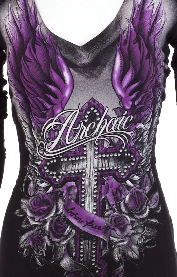 ARCHAIC Womens Long Sleeve ROSEMARY V-neck T-Shirt (Black/Purple)
