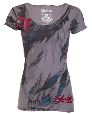 ARCHAIC Womens Short Sleeve SECOND LOVE V-neck T-Shirt (Charcoal)