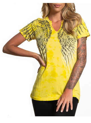 AFFLICTION Women's Short Sleeve T-Shirt EYES OF WINTER Yellow