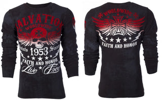ARCHAIC Mens Long Sleeve BLACK TIDE Crewneck THERMAL T-Shirt (Black/Red)