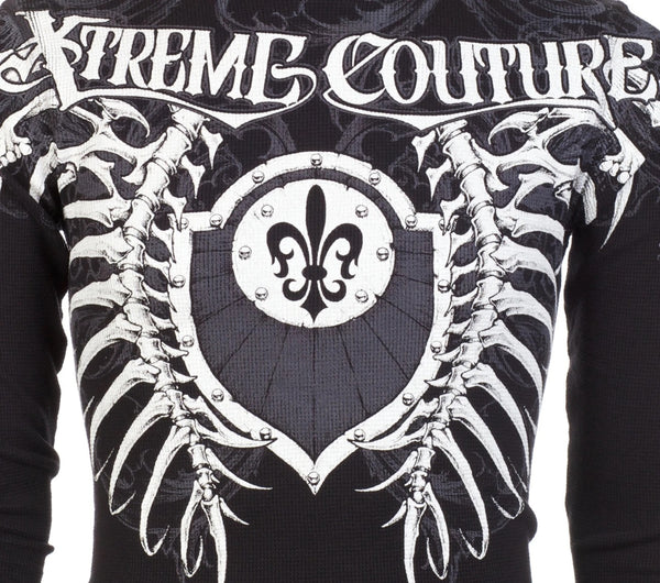 XTREME COUTURE Mens Long Sleeve VERTEBRAE Crewneck THERMAL T-Shirt (Black)