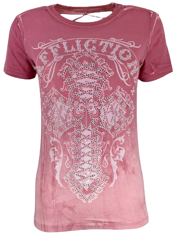 Affliction Women's T-Shirt Lace & Faith Silver Pink  ^