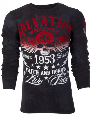 ARCHAIC Mens Long Sleeve BLACK TIDE Crewneck THERMAL T-Shirt (Black/Red)