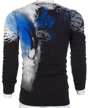 ARCHAIC Mens Long Sleeve NIGHTWATCHER Crewneck THERMAL T-Shirt (Black/Blue)