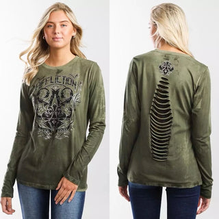 Affliction Women's T-Shirt Long Sleeve MANUFACTURE Military Green