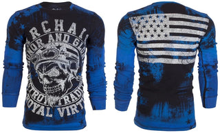 ARCHAIC Mens Long Sleeve DEATH RACER Crewneck THERMAL T-Shirt (Black/Blue)