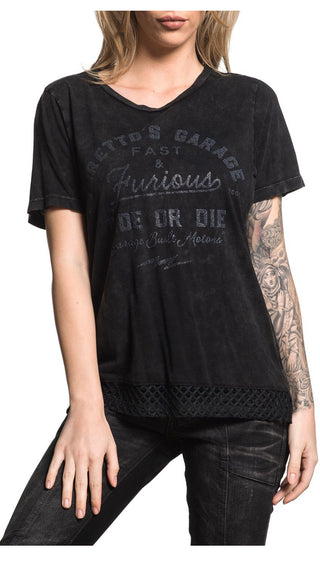 AFFLICTION Women's Short Sleeve T-Shirt GARAGE BUILT Black