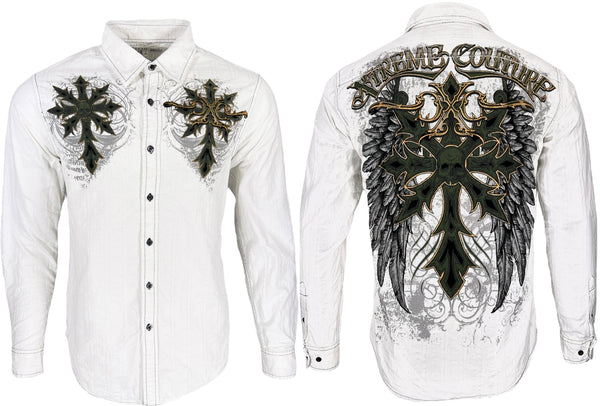 Xtreme Couture by Affliction Men's Button Down Shirt SPARTAN White Biker