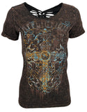 Affliction Women's T-Shirt Sanctuary Rust Scoop  ^