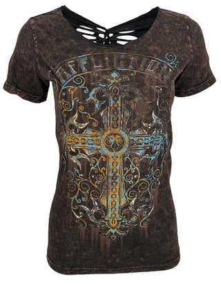 Affliction Women's T-Shirt Sanctuary Rust Scoop  ^