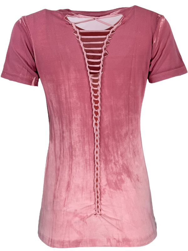 Affliction Women's T-Shirt Lace & Faith Silver Pink  ^