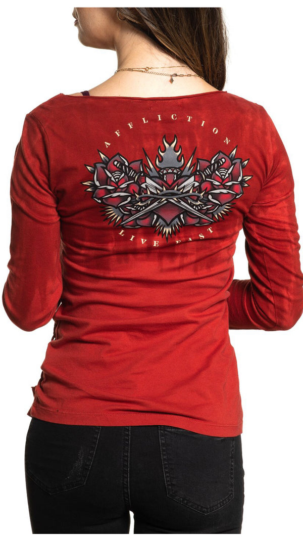 AFFLICTION Women's Long Sleeve T-Shirt ETERNAL IDOL Red
