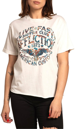 Affliction Women's T-Shirt AC RUSTED BADGE White