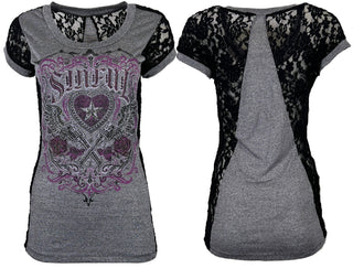 Sinful Affliction Women's T-shirt Guns & Roses Top Heart Wings Biker
