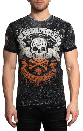 AFFLICTION Men's T-Shirt S/S Reversible SPEED RUN Black Label Biker MMA