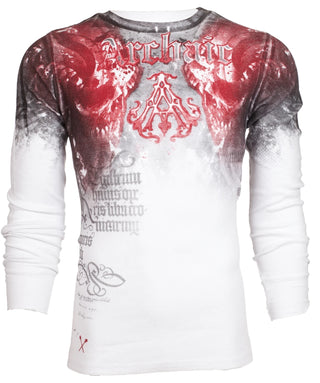 ARCHAIC Mens Long Sleeve NIGHTWATCHER Crewneck THERMAL T-Shirt (White/Black/Red)