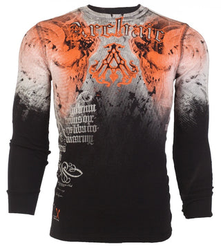 ARCHAIC Mens Long Sleeve NIGHTWATCHER Crewneck THERMAL T-Shirt (Black/Orange)