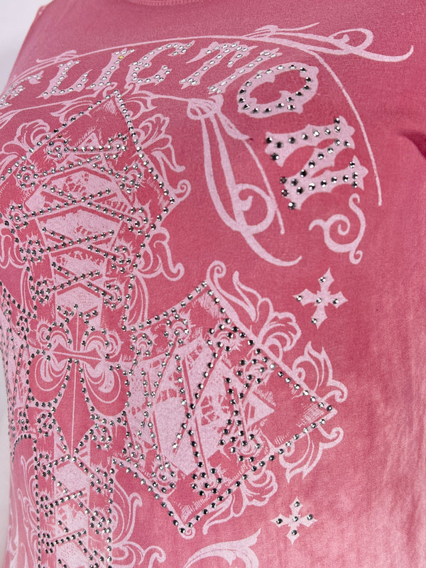 Affliction Women's T-Shirt Lace & Faith Silver Pink  ^