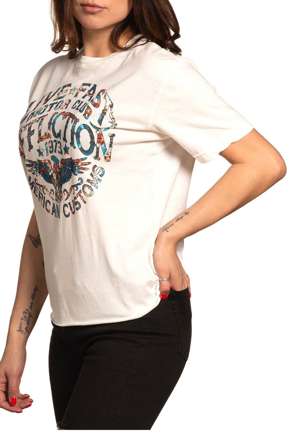 Affliction Women's T-Shirt AC RUSTED BADGE White