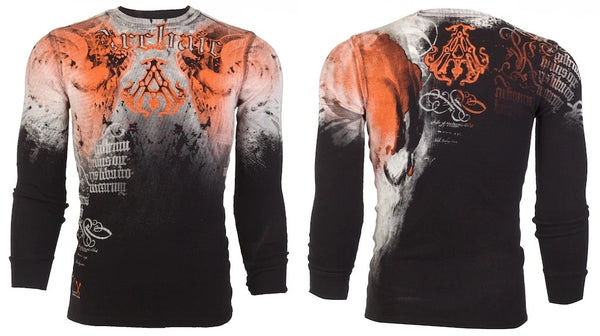 ARCHAIC Mens Long Sleeve NIGHTWATCHER Crewneck THERMAL T-Shirt (Black/Orange)