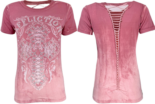 Affliction Women's T-Shirt Lace & Faith Silver Pink  ^