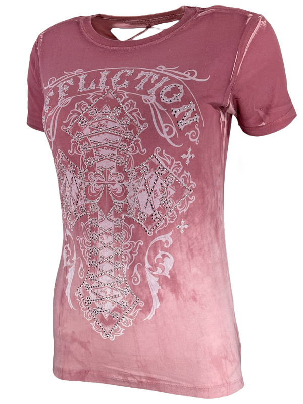 Affliction Women's T-Shirt Lace & Faith Silver Pink  ^