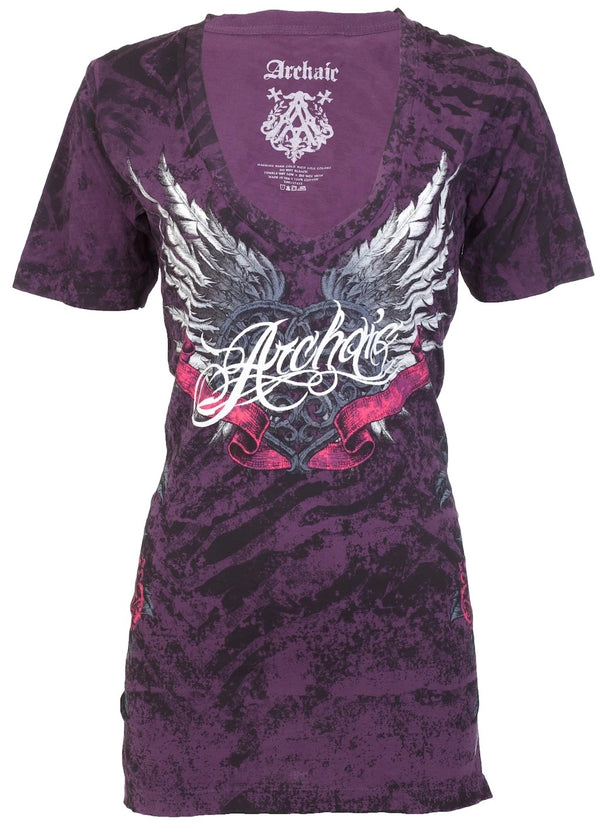 ARCHAIC Womens Short Sleeve BIG LOVE V-neck T-Shirt (Purple)