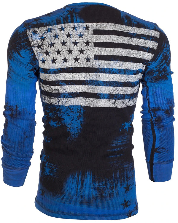 ARCHAIC Mens Long Sleeve DEATH RACER Crewneck THERMAL T-Shirt (Black/Blue)