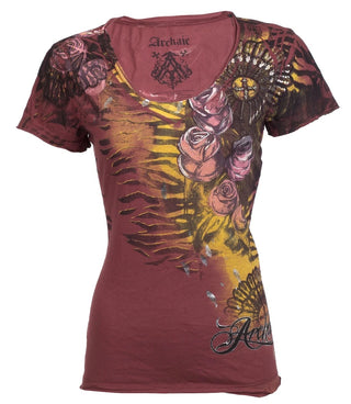 ARCHAIC Womens Short Sleeve SINISTER LOVE V-neck T-Shirt (Burgundy)