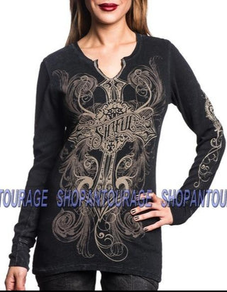 Sinful AFFLICTION Women's L/S THERMAL Shirt HARLOW Tee Wings Biker