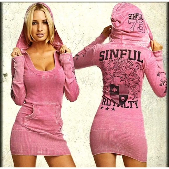 Sinful AFFLICTION Women's Top DAKOTA SWEATER DRESS Pink Skull Wings Biker