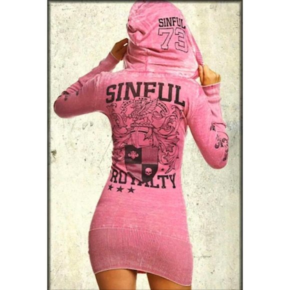 Sinful AFFLICTION Women's Top DAKOTA SWEATER DRESS Pink Skull Wings Biker