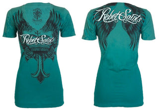 REBEL SAINTS by AFFLICTION Soul Chaser Teal Slim Fit Womens V-neck T-shirt S-XL