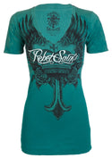 REBEL SAINTS by AFFLICTION Soul Chaser Teal Slim Fit Womens V-neck T-shirt S-XL