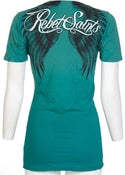 REBEL SAINTS by AFFLICTION Soul Chaser Teal Slim Fit Womens V-neck T-shirt S-XL