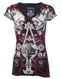 ARCHAIC by AFFLICTION Tall Tale Black Pink Slim Fit Womens V-neck T-shirt L-XL +