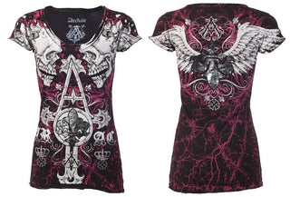 ARCHAIC by AFFLICTION Tall Tale Black Pink Slim Fit Womens V-neck T-shirt L-XL +