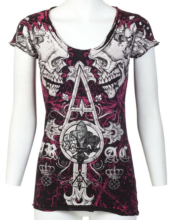 ARCHAIC by AFFLICTION Tall Tale Black Pink Slim Fit Womens V-neck T-shirt L-XL +
