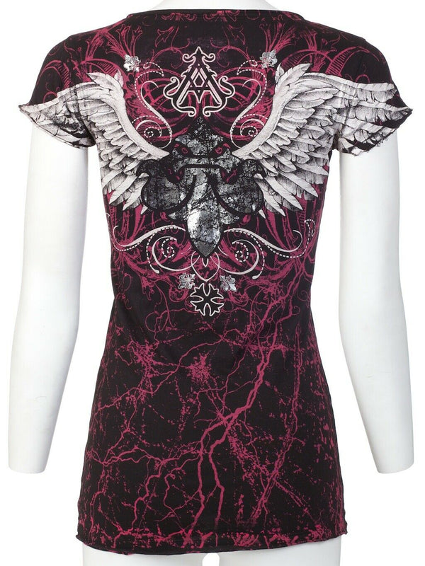 ARCHAIC by AFFLICTION Tall Tale Black Pink Slim Fit Womens V-neck T-shirt L-XL +