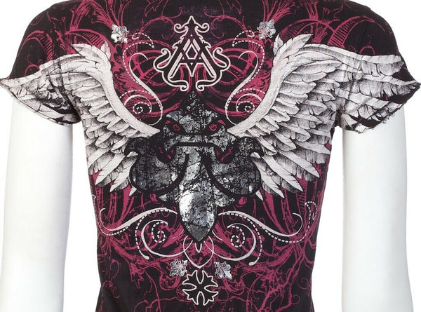 ARCHAIC by AFFLICTION Tall Tale Black Pink Slim Fit Womens V-neck T-shirt L-XL +