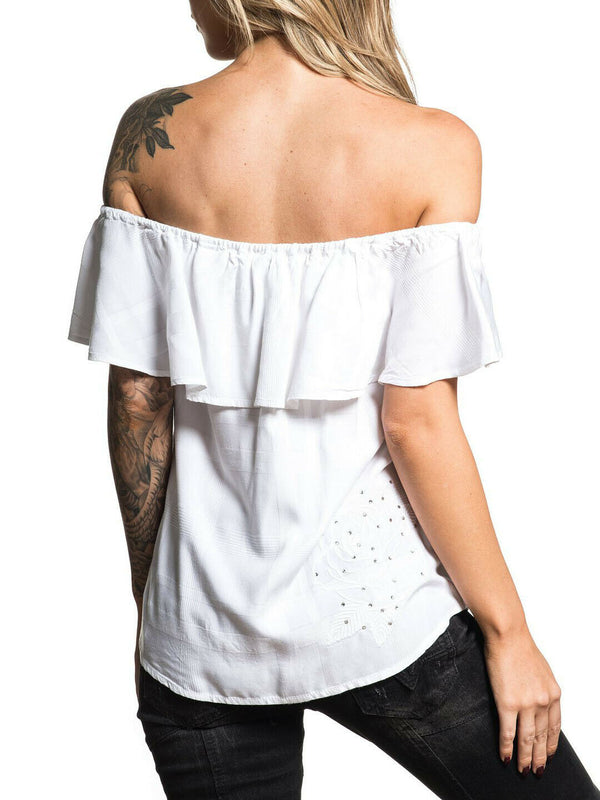 Affliction Sydney Rose Rhinestone Womens Off Shoulder Button Up Ruffle Top White