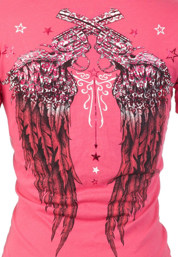 ARCHAIC by AFFLICTION Womens T-shirt Hot Smoke Guns Pink Slim Fit S-XL