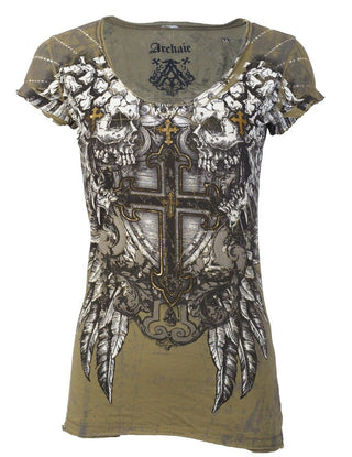 ARCHAIC by AFFLICTION Womens T-shirt Criterion Skulls Green Slim Fit  S-XL