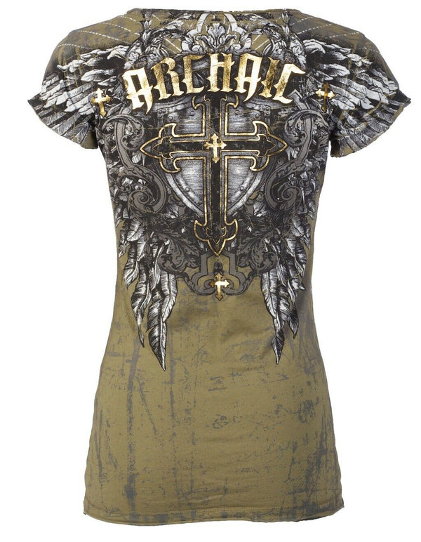 ARCHAIC by AFFLICTION Womens T-shirt Criterion Skulls Green Slim Fit  S-XL