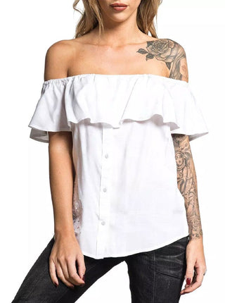 Affliction Sydney Rose Rhinestone Womens Off Shoulder Button Up Ruffle Top White