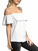 Affliction Sydney Rose Rhinestone Womens Off Shoulder Button Up Ruffle Top White